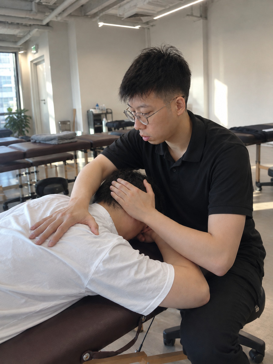 David So 為病人進行頸肩手法治療 / David So providing hands-on neck and shoulder treatment